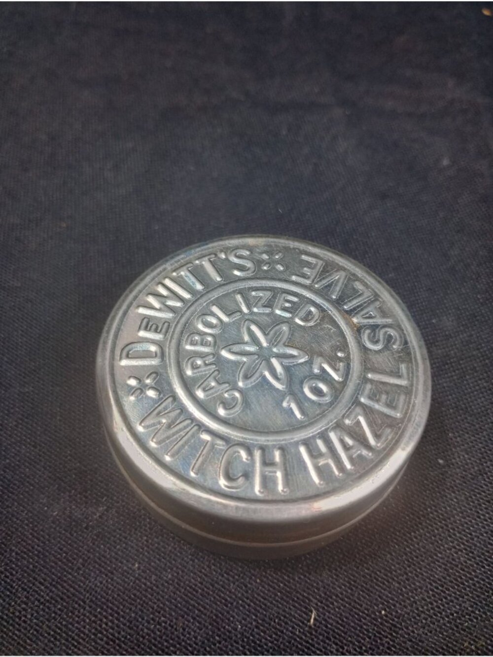 Vintage Round "DeWitt's Witch Hazel Salve" Full Embossed Advertising  Tin "Carbo